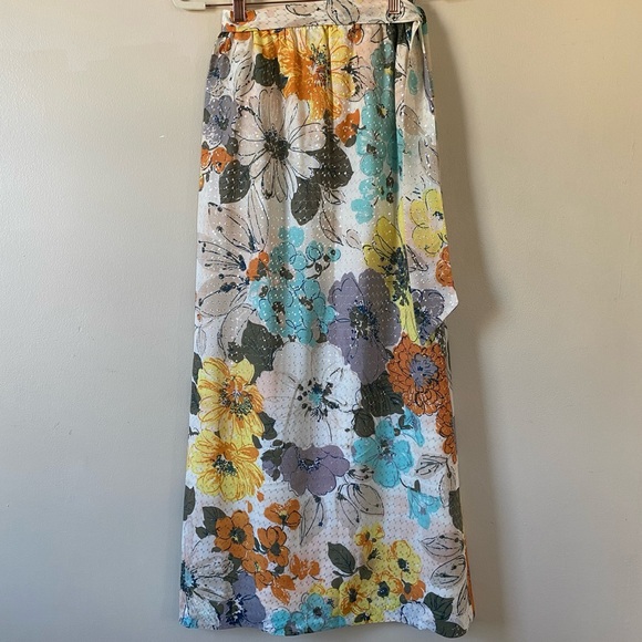Vintage Dresses & Skirts - Vintage 70s Groovy Colorful Floral and Metallic Maxi Skirt with Waist Tie